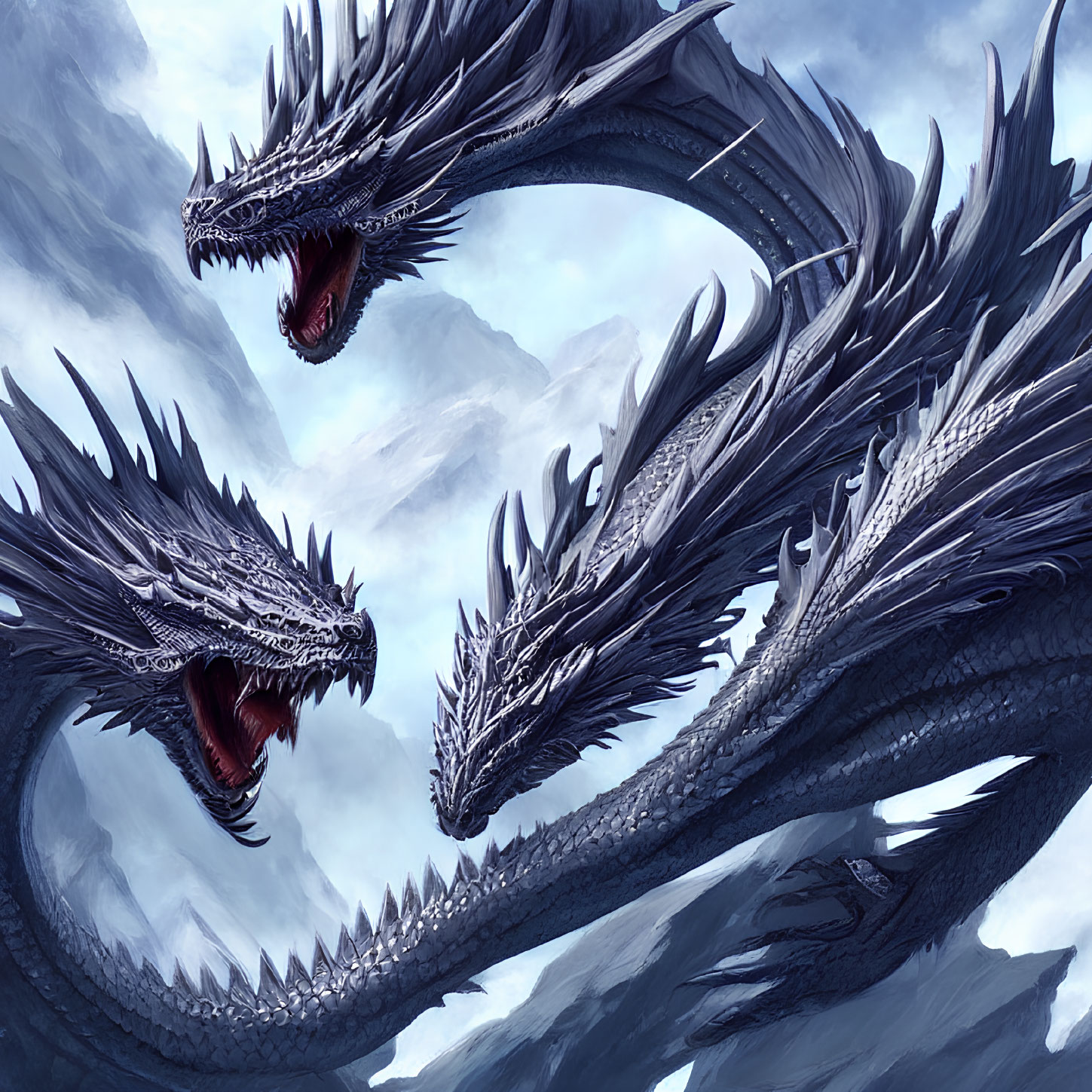 Three intricate scaled dragons in misty mountain backdrop