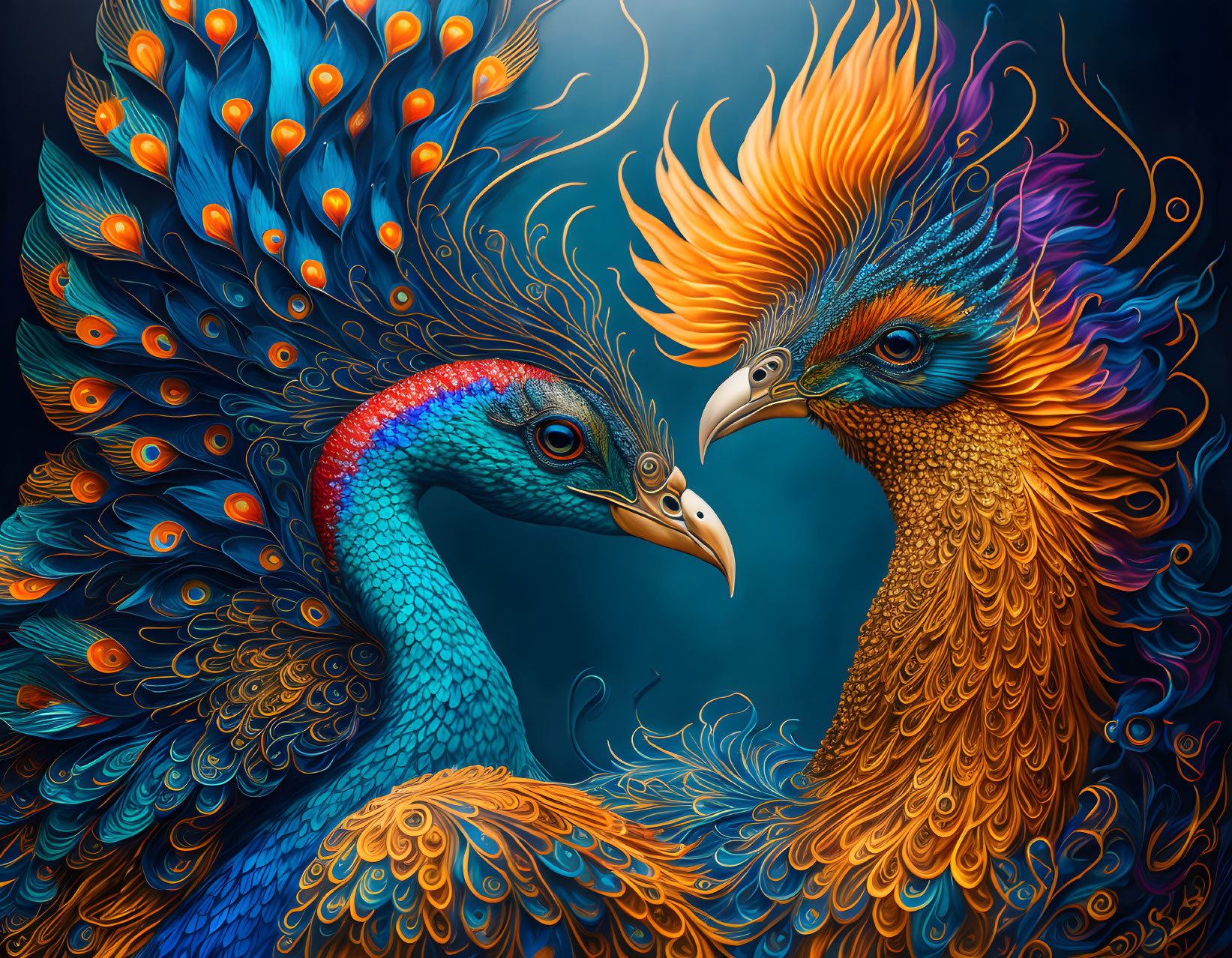 Vibrantly colored stylized peacocks with intricate feathers