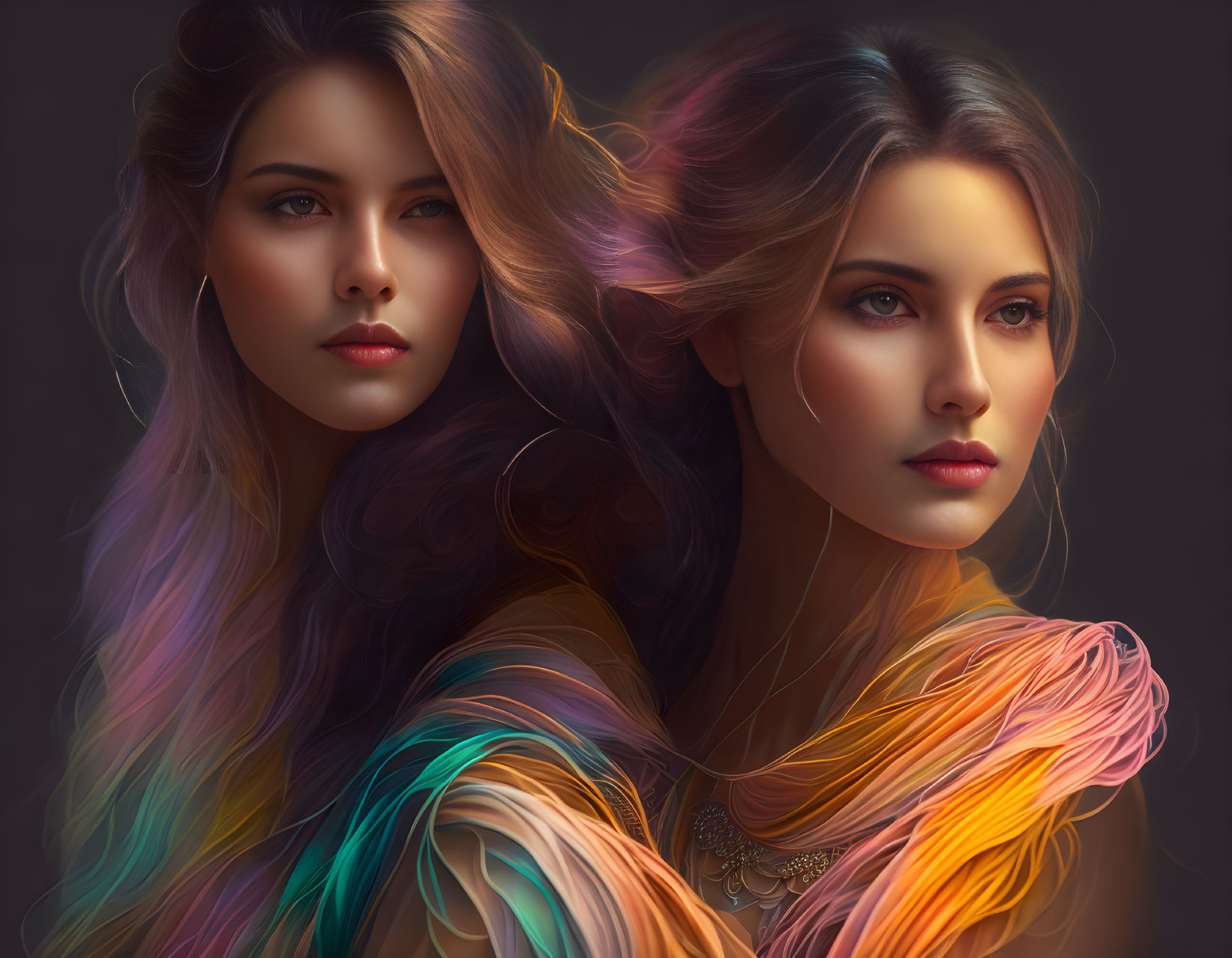 Vibrant multicolored hair on two women against dark background