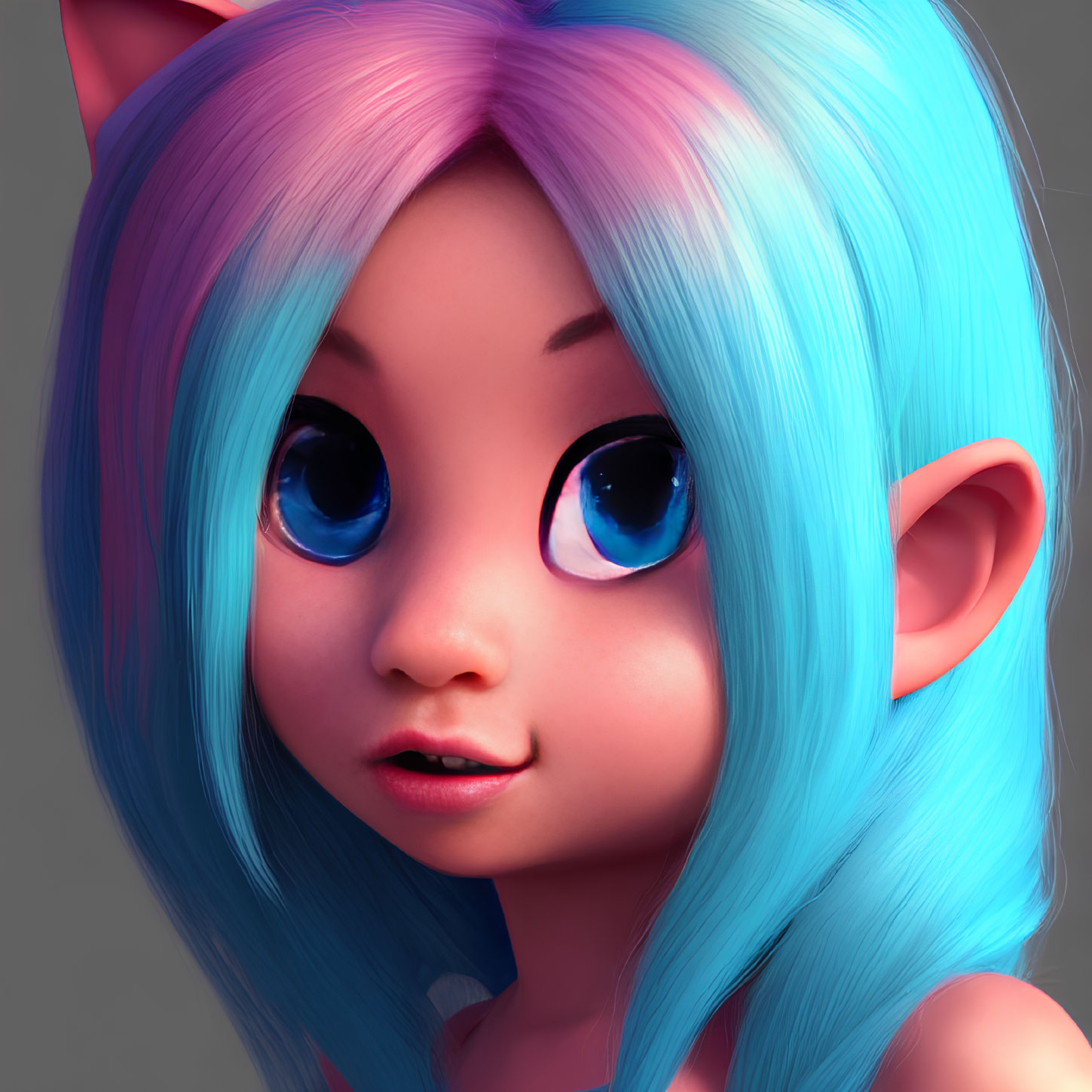 Character with Big Blue Eyes, Pointy Ears & Colorful Hair in 3D Illustration