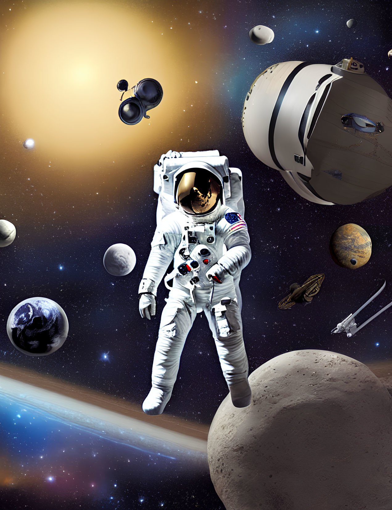 Astronaut in space surrounded by celestial bodies and spacecraft