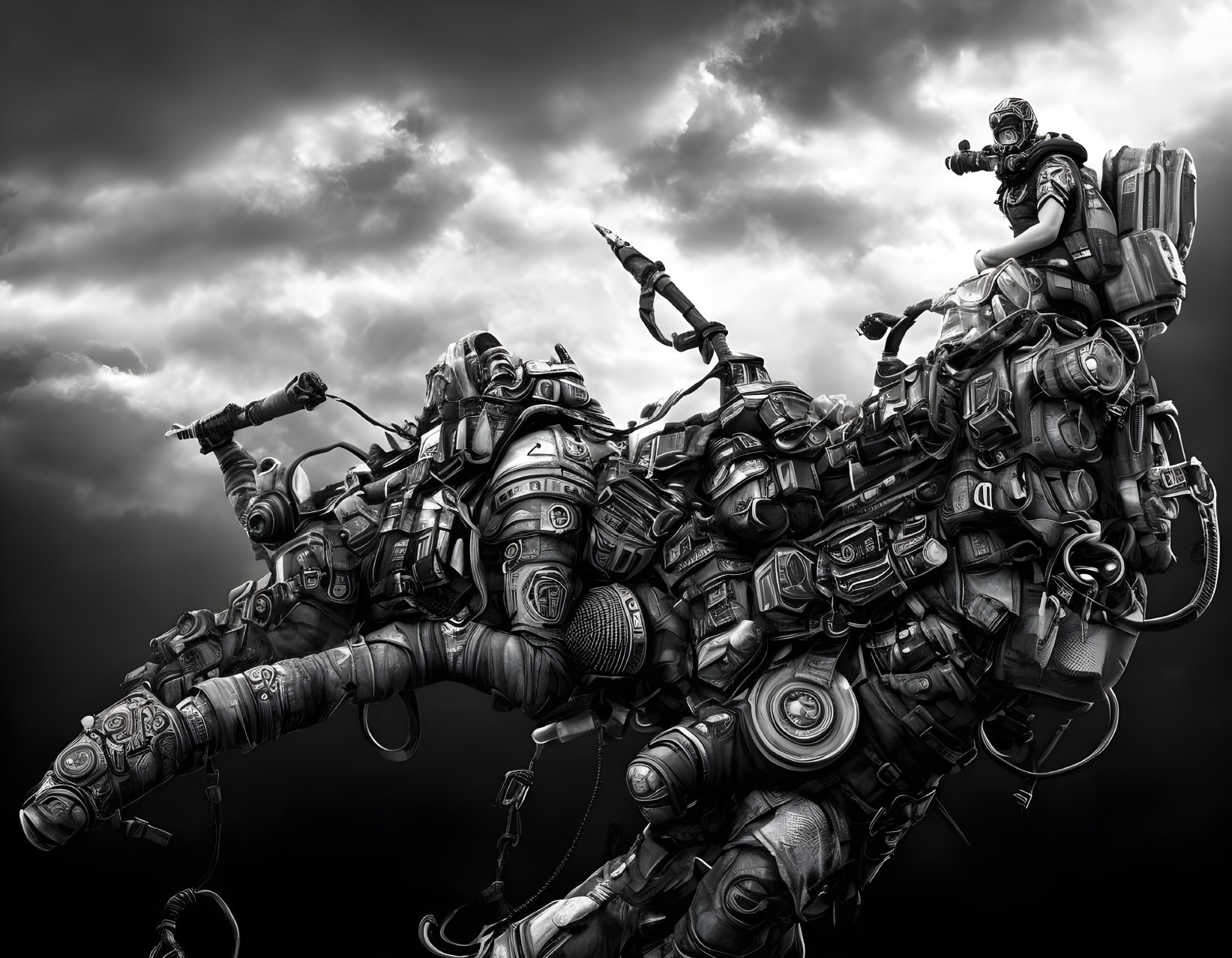 Futuristic armored person on mechanical animal robot under stormy sky