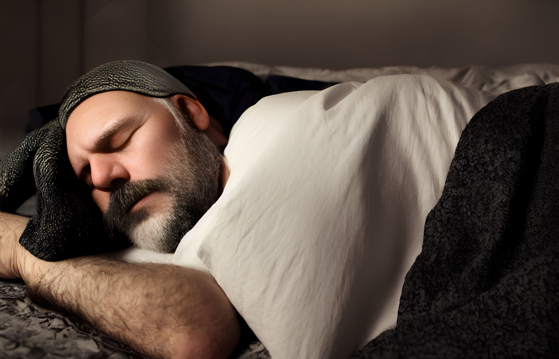 Bearded man in beanie peacefully sleeping under warm light