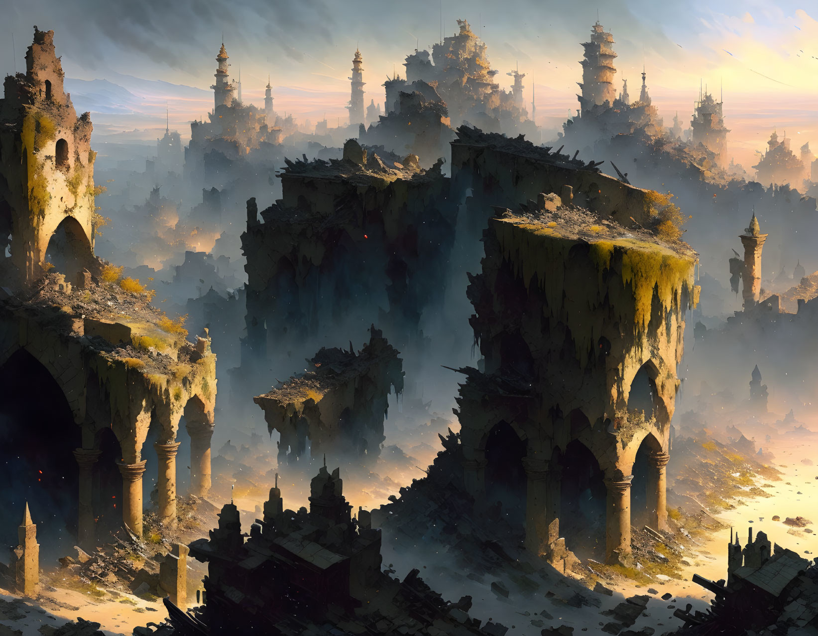 Fantasy landscape with ancient ruins and towering spires in golden light and mists