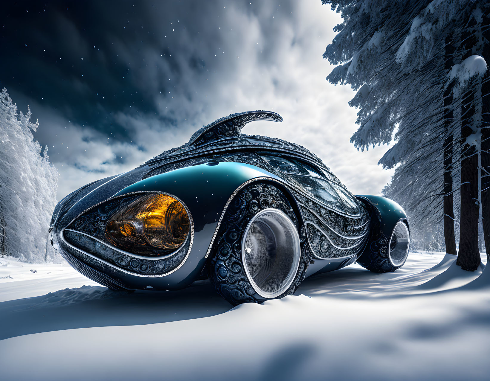 Sleek futuristic car parked in snowy forest under starry sky