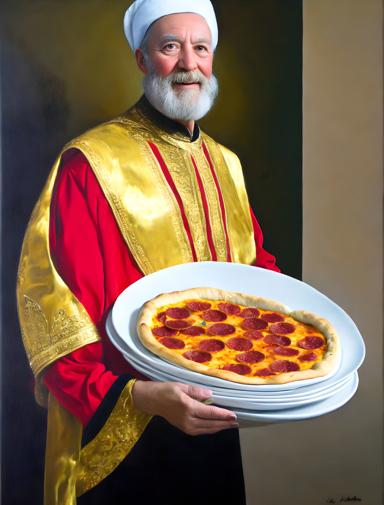 Smiling man in red and gold robe with stack of plates and pizza