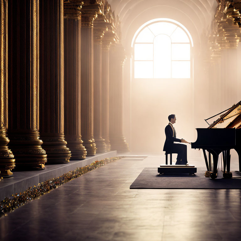 Man in formal suit plays grand piano in ornate hall with tall columns