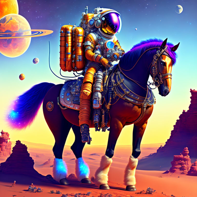 Detailed astronaut in spacesuit riding horse in alien desert with moons and planets.