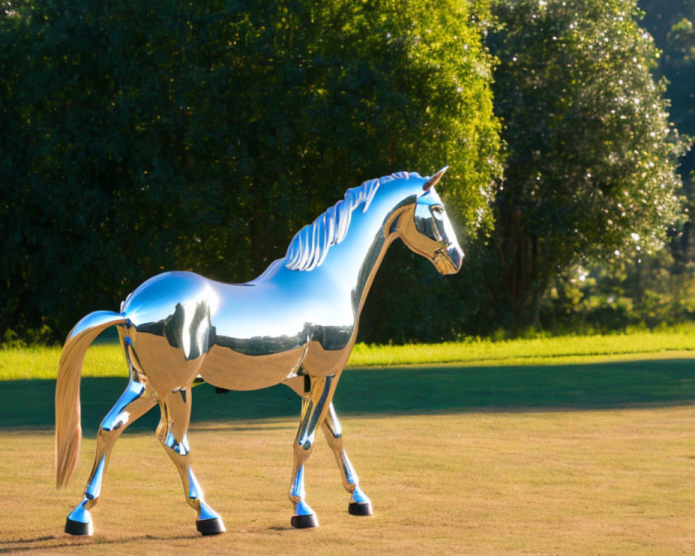 Metallic Horse Sculpture with Blue Mane on Grassy Field