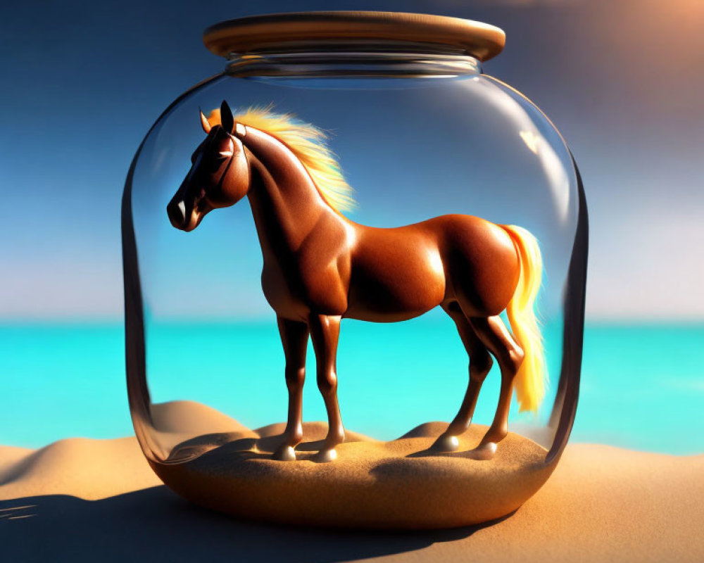 Chestnut horse with flaxen mane in glass jar on sandy beach