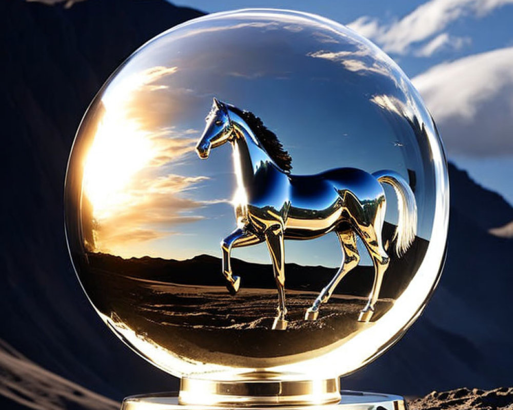 Transparent Sphere with Gleaming Horse Figurine and Desert Sunset Background