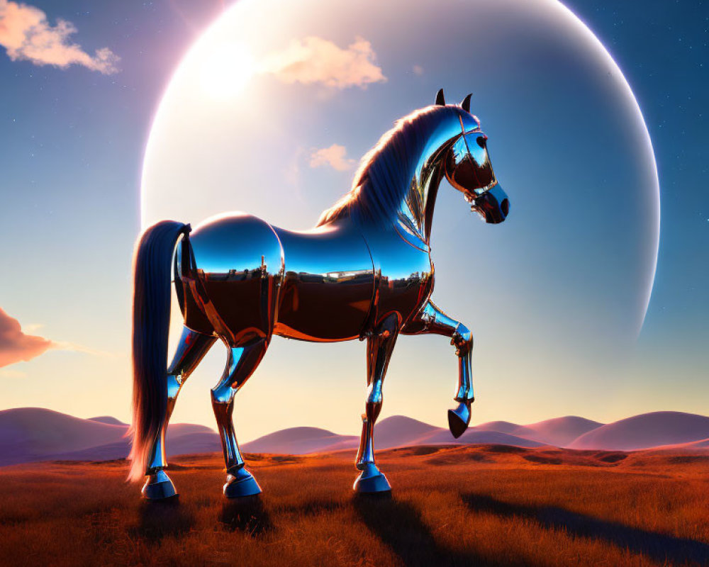 Reflective metallic horse in grassy field with large crescent planet.