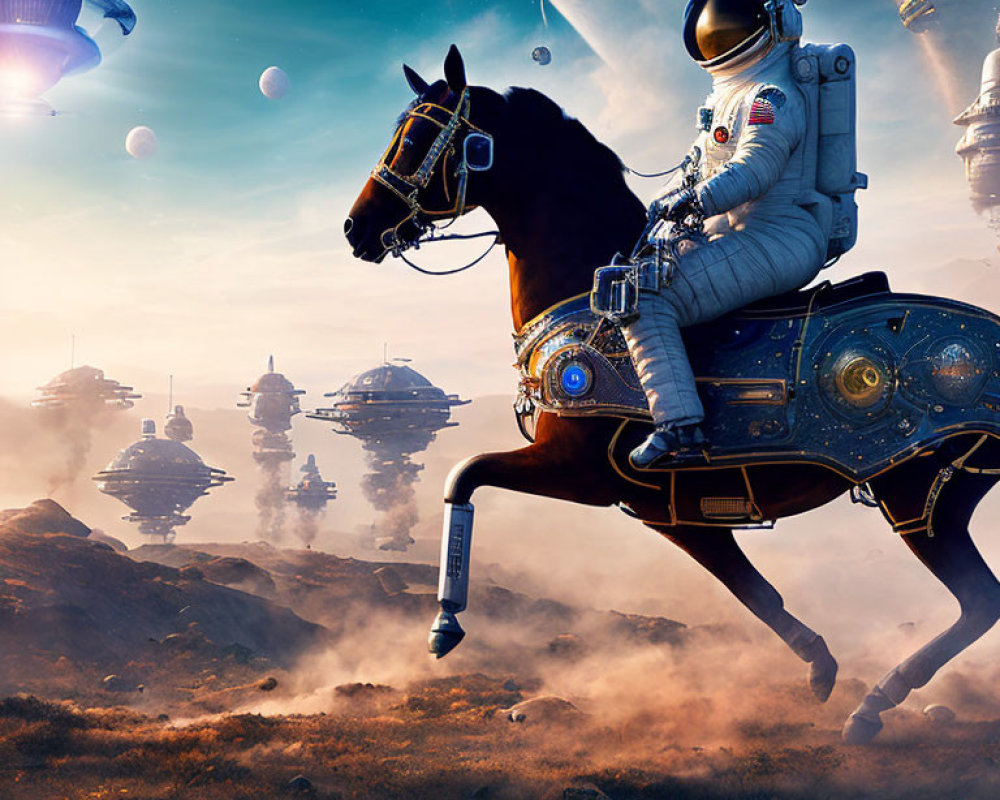 Astronaut on mechanical horse explores alien planet with floating cities and spaceships