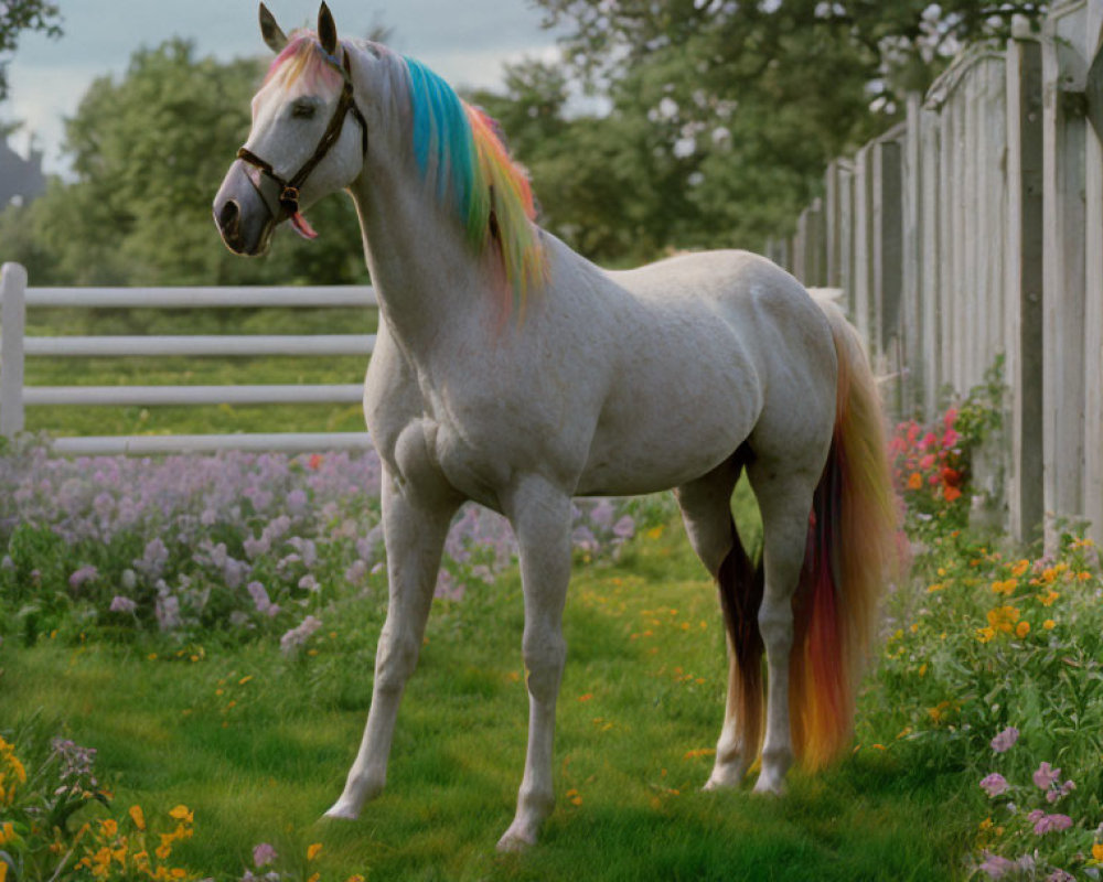White horse with rainbow mane in green meadow with purple flowers