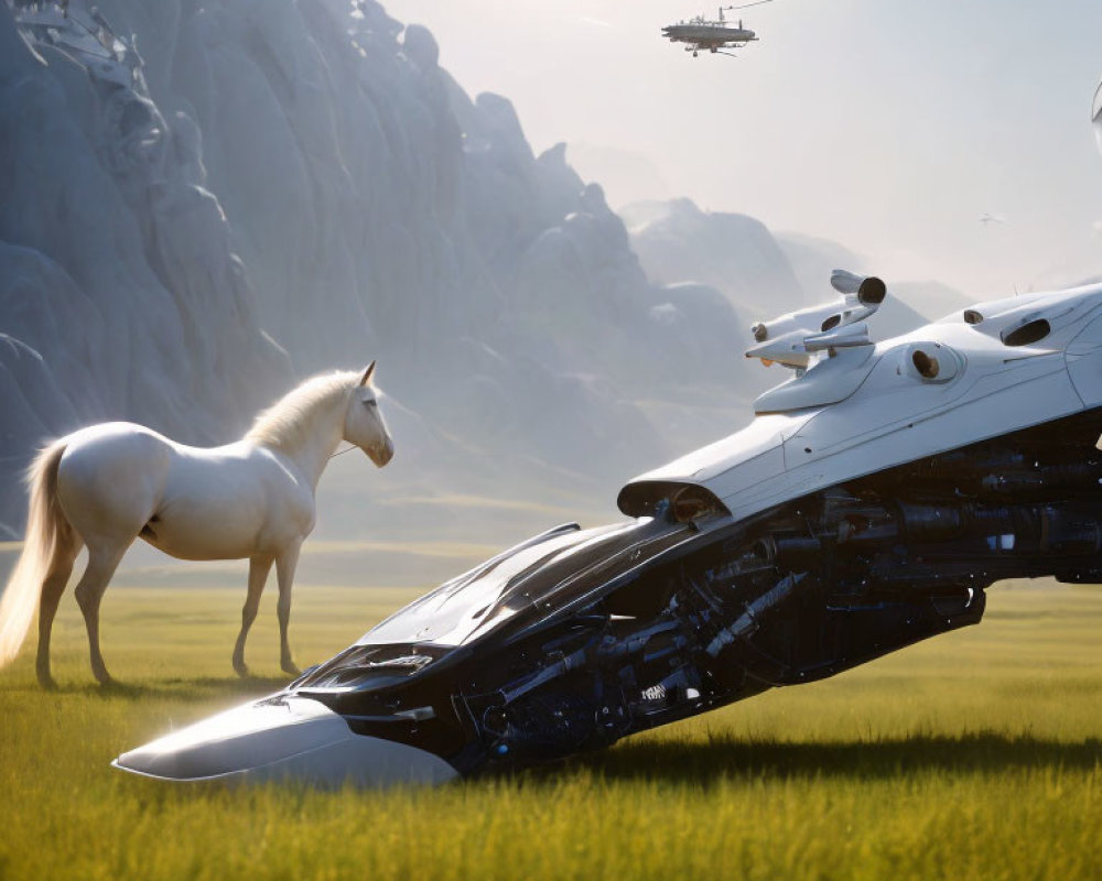 White horse beside futuristic black and white spaceship on grassland with mountains and flying ship
