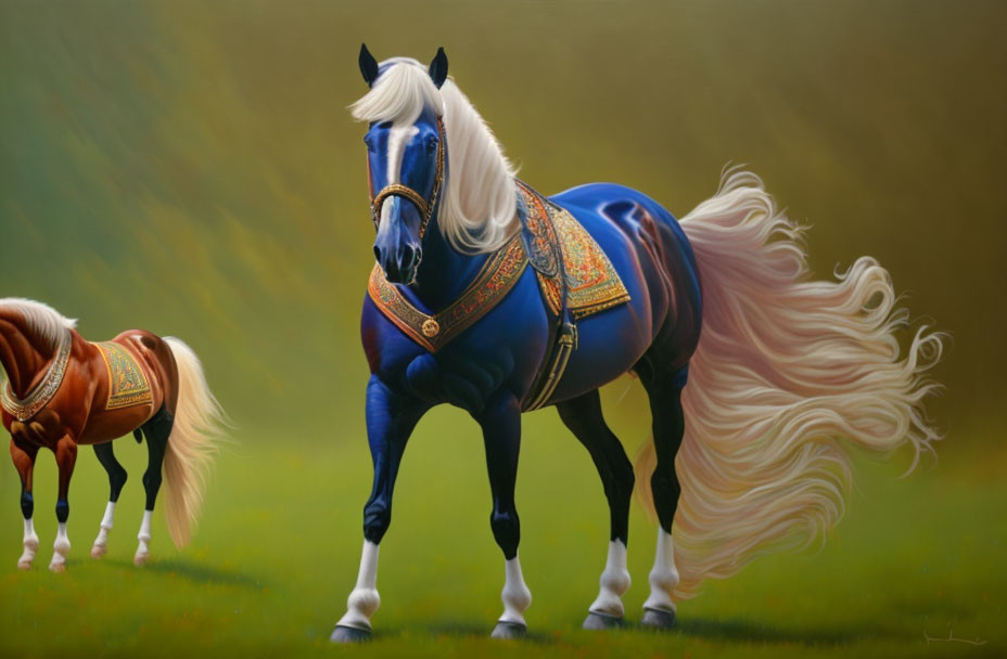 Majestic white horse with flowing mane and blue blanket, alongside smaller brown horse on green backdrop