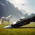 White horse beside futuristic black and white spaceship on grassland with mountains and flying ship