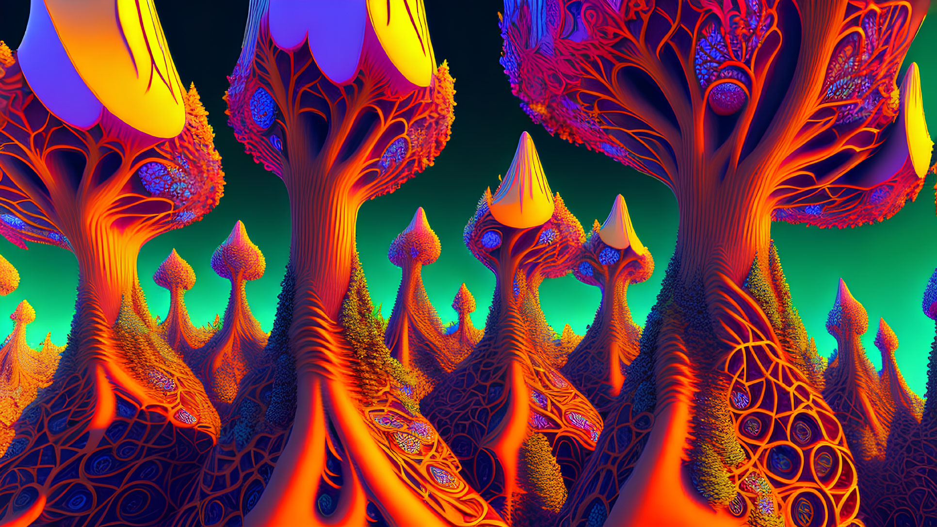 Colorful alien forest with surreal trees and intricate patterns