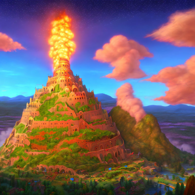 Vibrant animated landscape with towering castle and fiery eruption under dramatic sunset sky