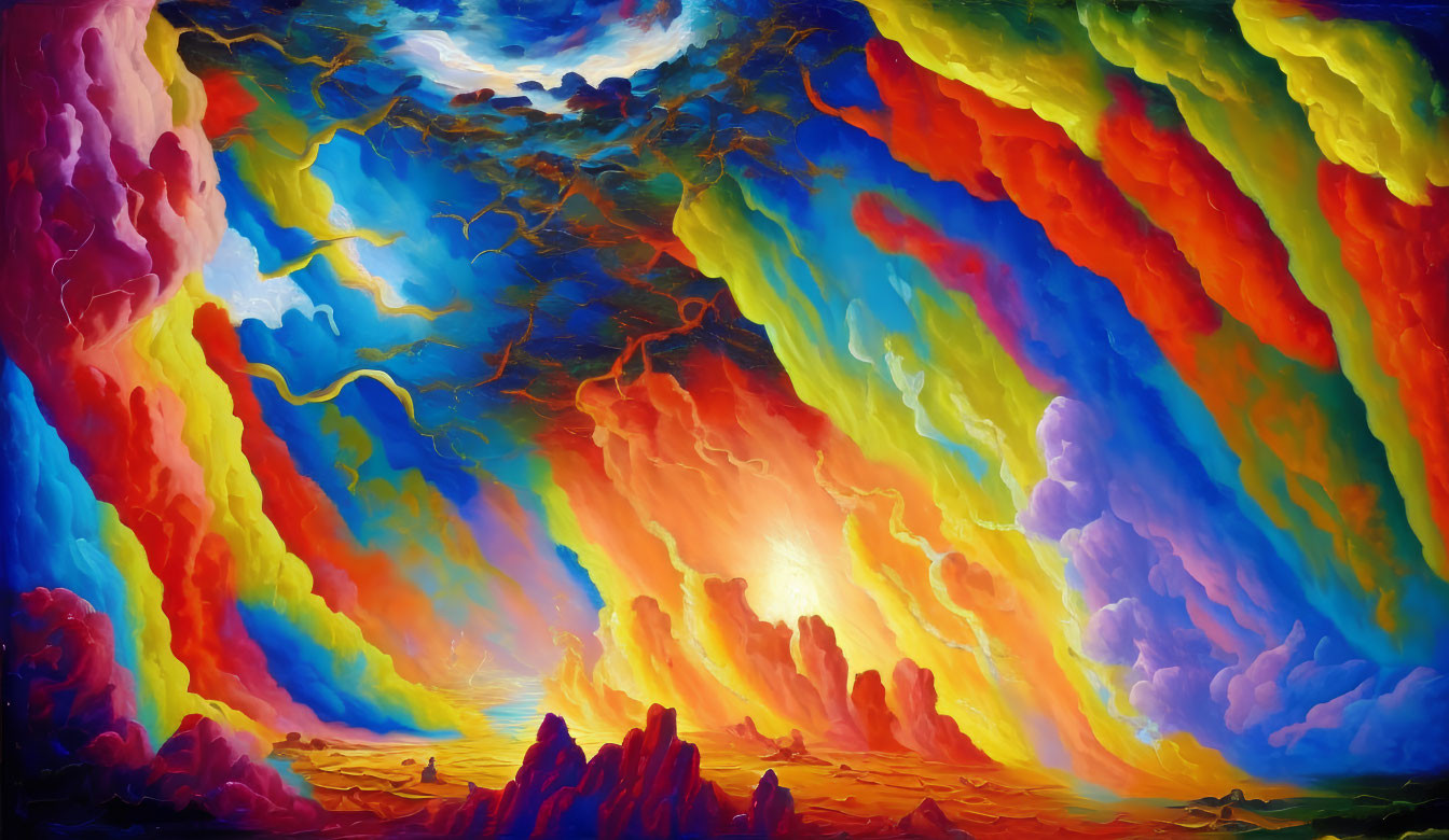 Surreal painting: colorful ribbons in sky over rock silhouettes