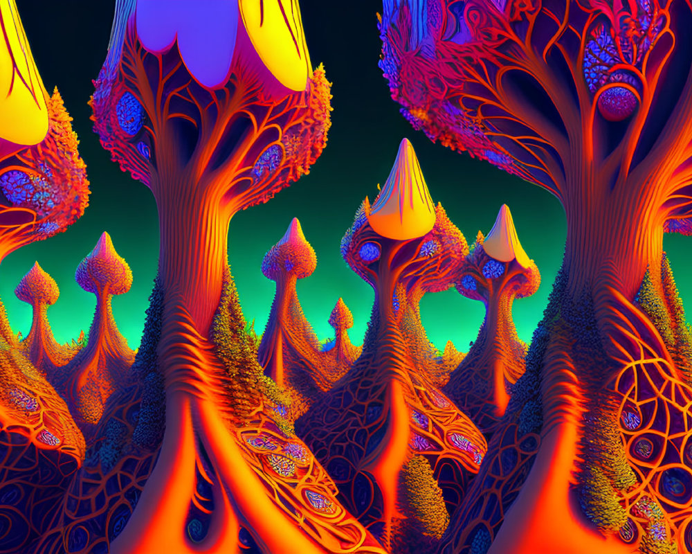 Colorful alien forest with surreal trees and intricate patterns