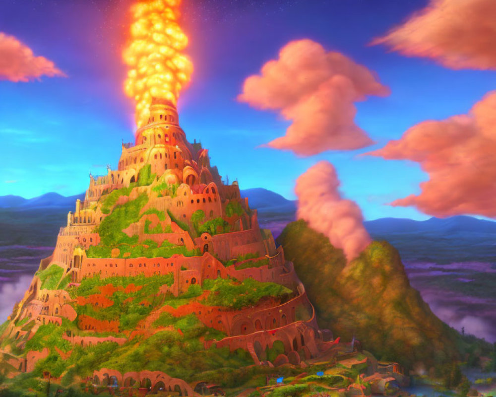 Vibrant animated landscape with towering castle and fiery eruption under dramatic sunset sky