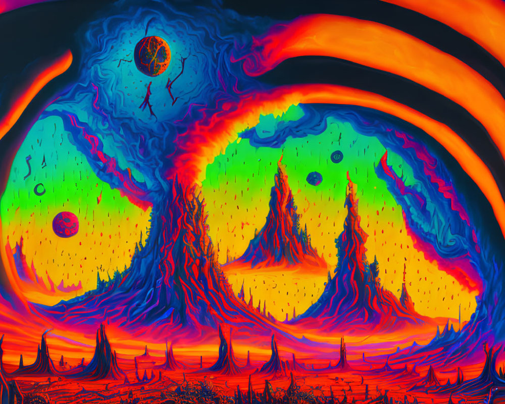 Psychedelic landscape with fiery skies, eye-like celestial bodies, and eerie tree silhouettes