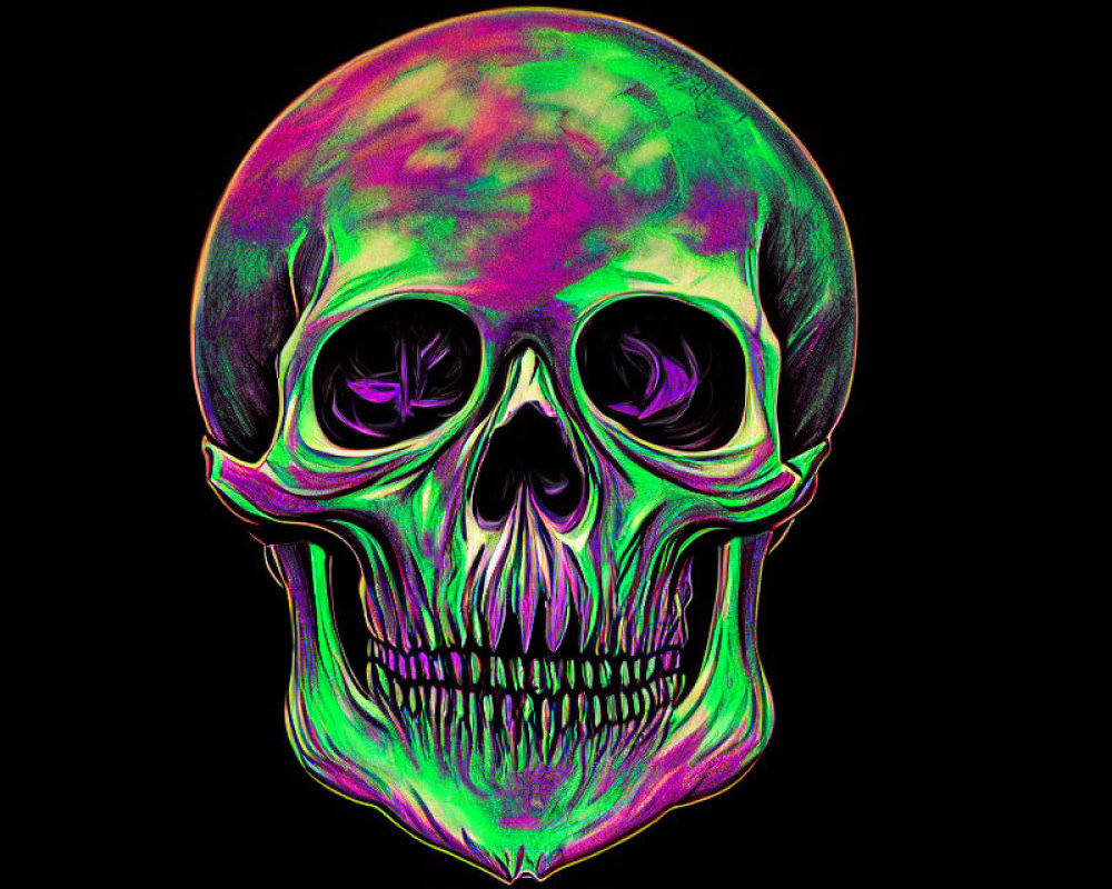 Colorful Neon Skull on Black Background: Vibrant Green, Purple, and Pink Hues