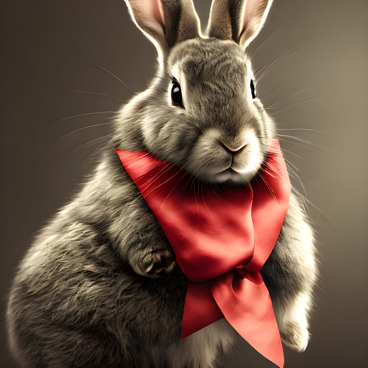Detailed high-resolution fluffy grey rabbit illustration with red bow on neutral background