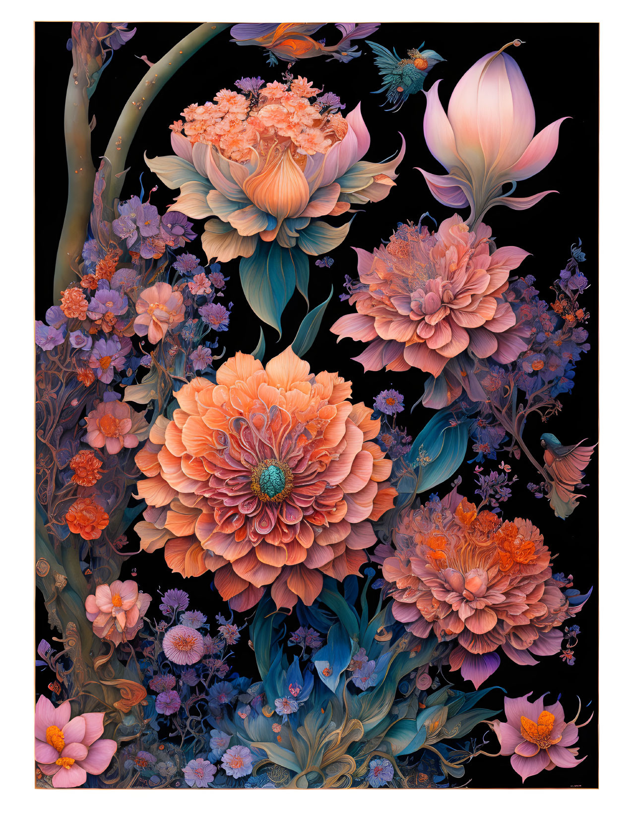 Colorful Floral Illustration with Birds on Dark Background