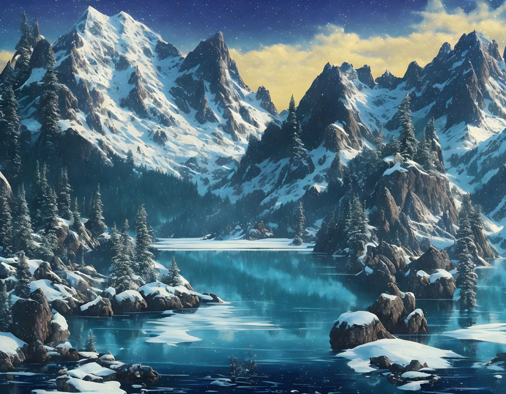 Snowy Mountain Winter Landscape with Frozen Lake and Starry Sky