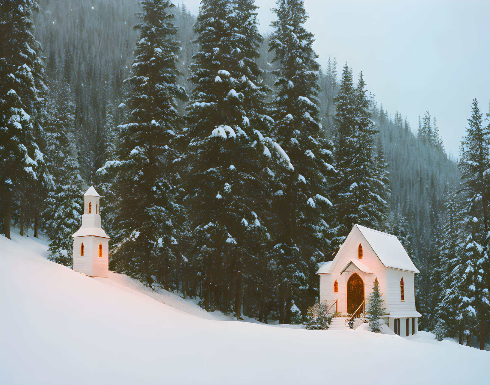 Snowy Forest Chapel Amid Pine Trees in Winter