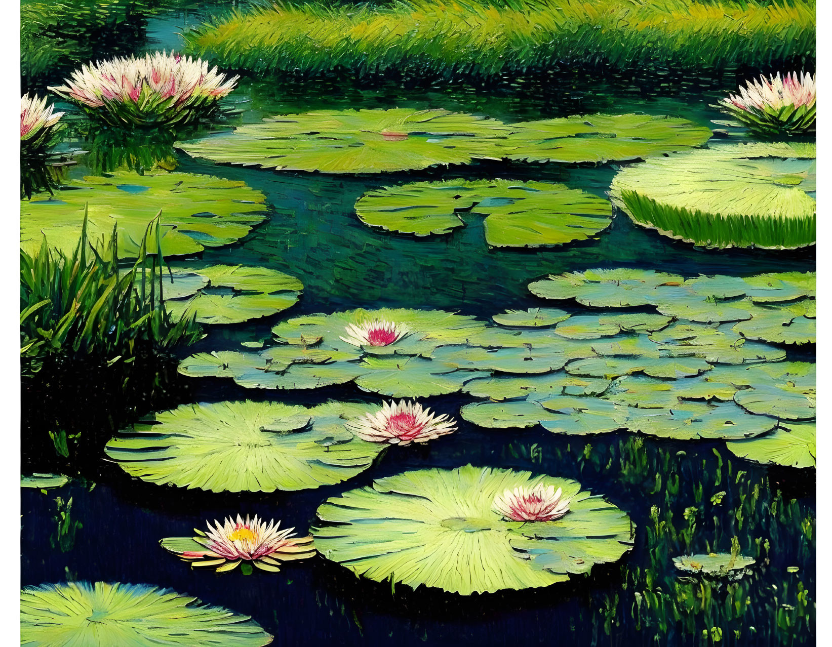 Colorful water lily pond painting with pink flowers and green lily pads