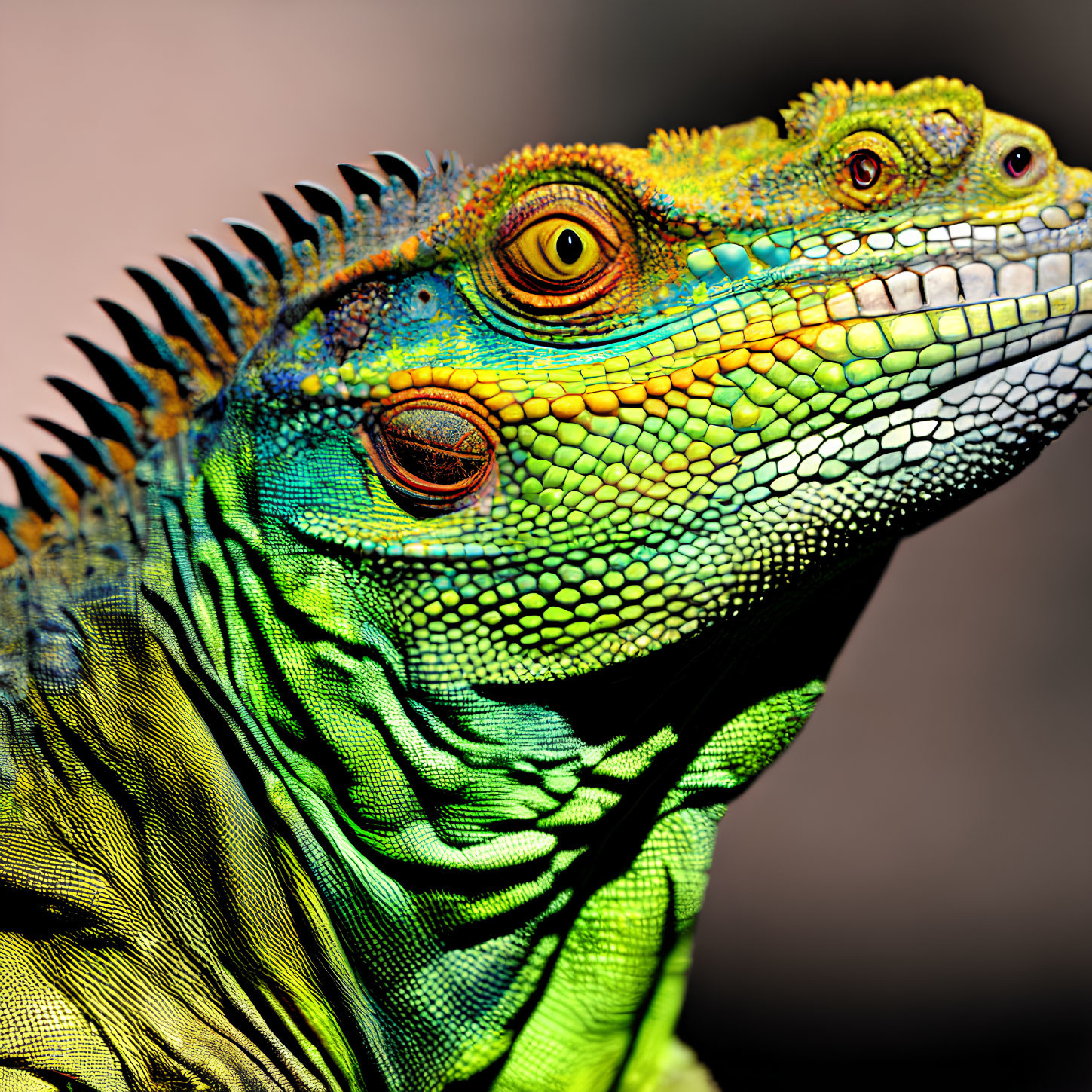 Vibrant green iguanas with spiny crests and textured scales