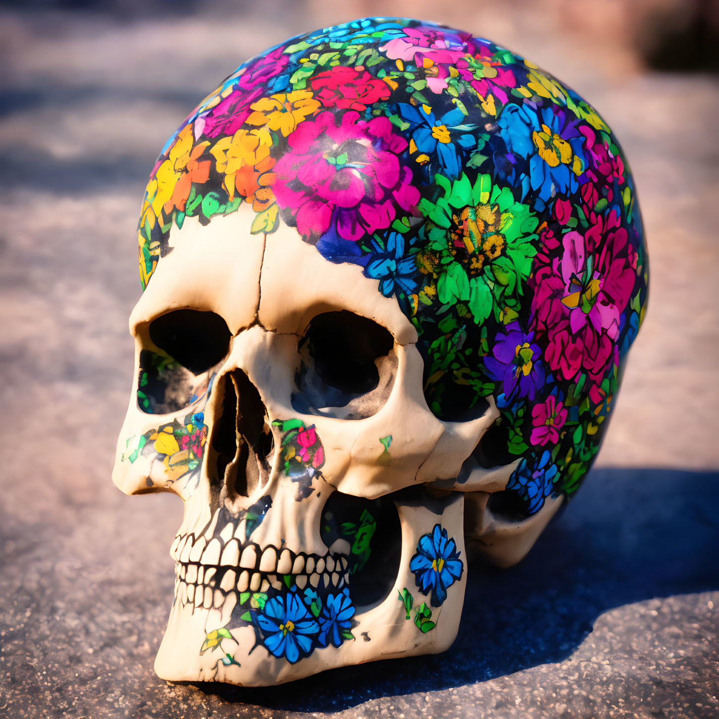 Floral-patterned colorful skull decoration in pink, blue, and green