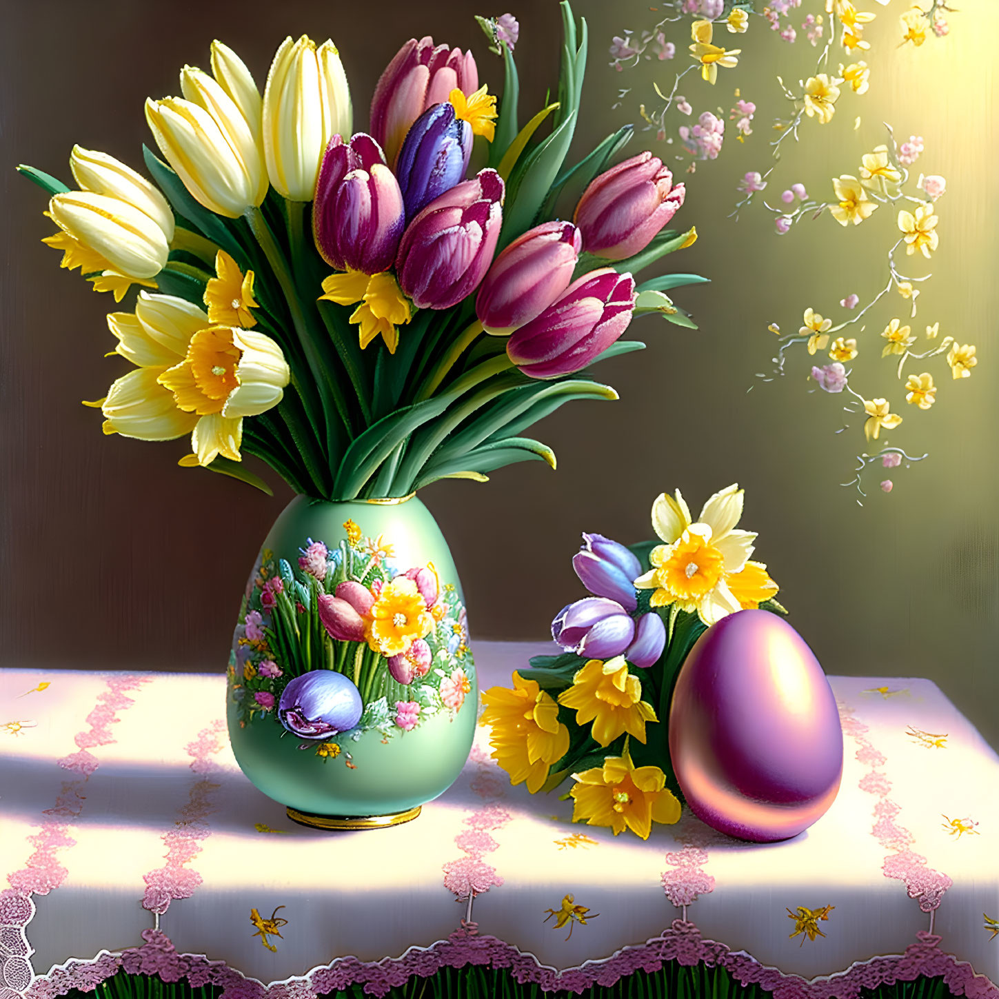 Tulips in Vase and Easter Egg