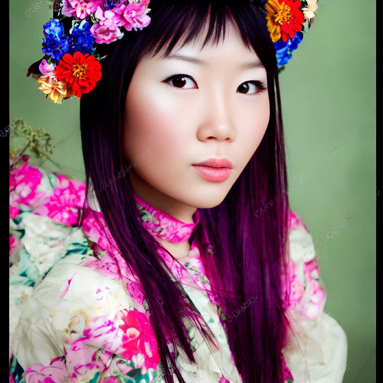 Woman with Purple Hair and Floral Headpiece in Colorful Blouse on Green Background