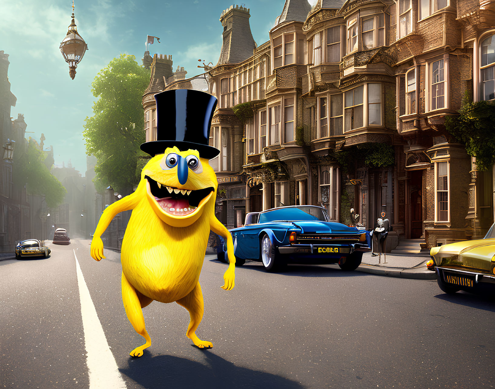 Yellow cartoon character in top hat on sunny street with vintage cars and townhouses