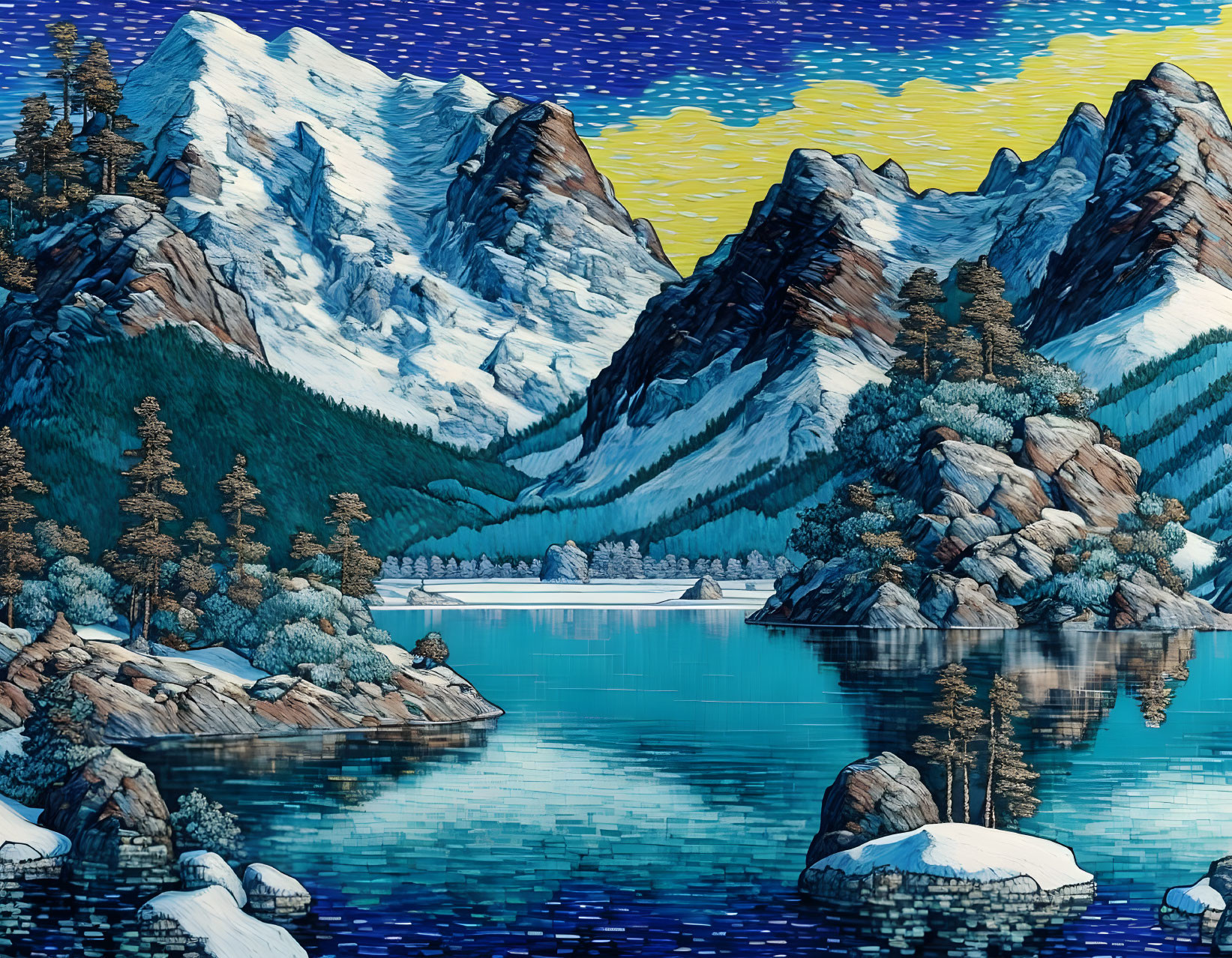 Winter mountain scene with snow-covered peaks, pine trees, reflective lake, striped sky