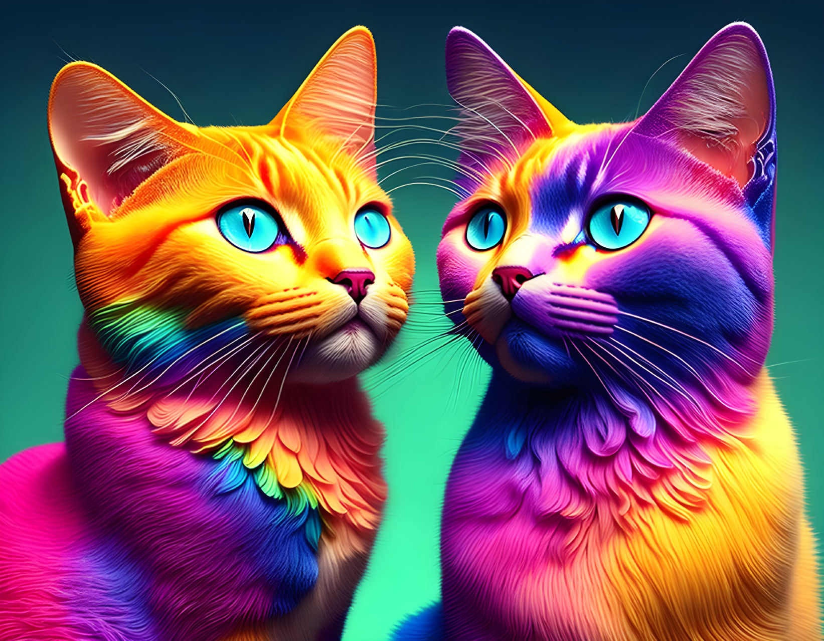 Vibrantly colored stylized cats with rainbow fur and blue eyes on teal background