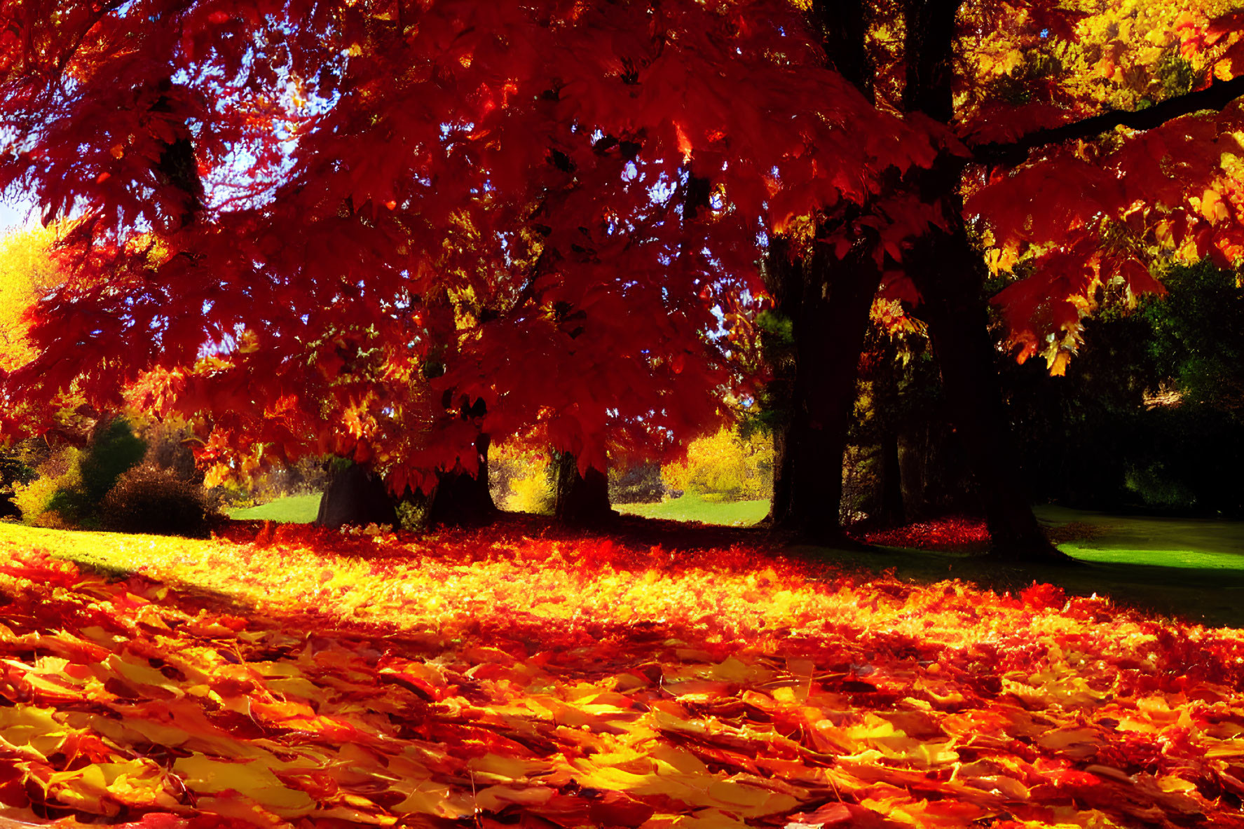 Colorful autumn foliage with red and orange leaves under sunlight