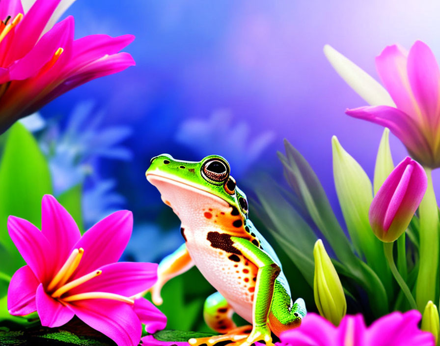 Colorful Green Frog Resting Among Pink Flowers on Blue Background