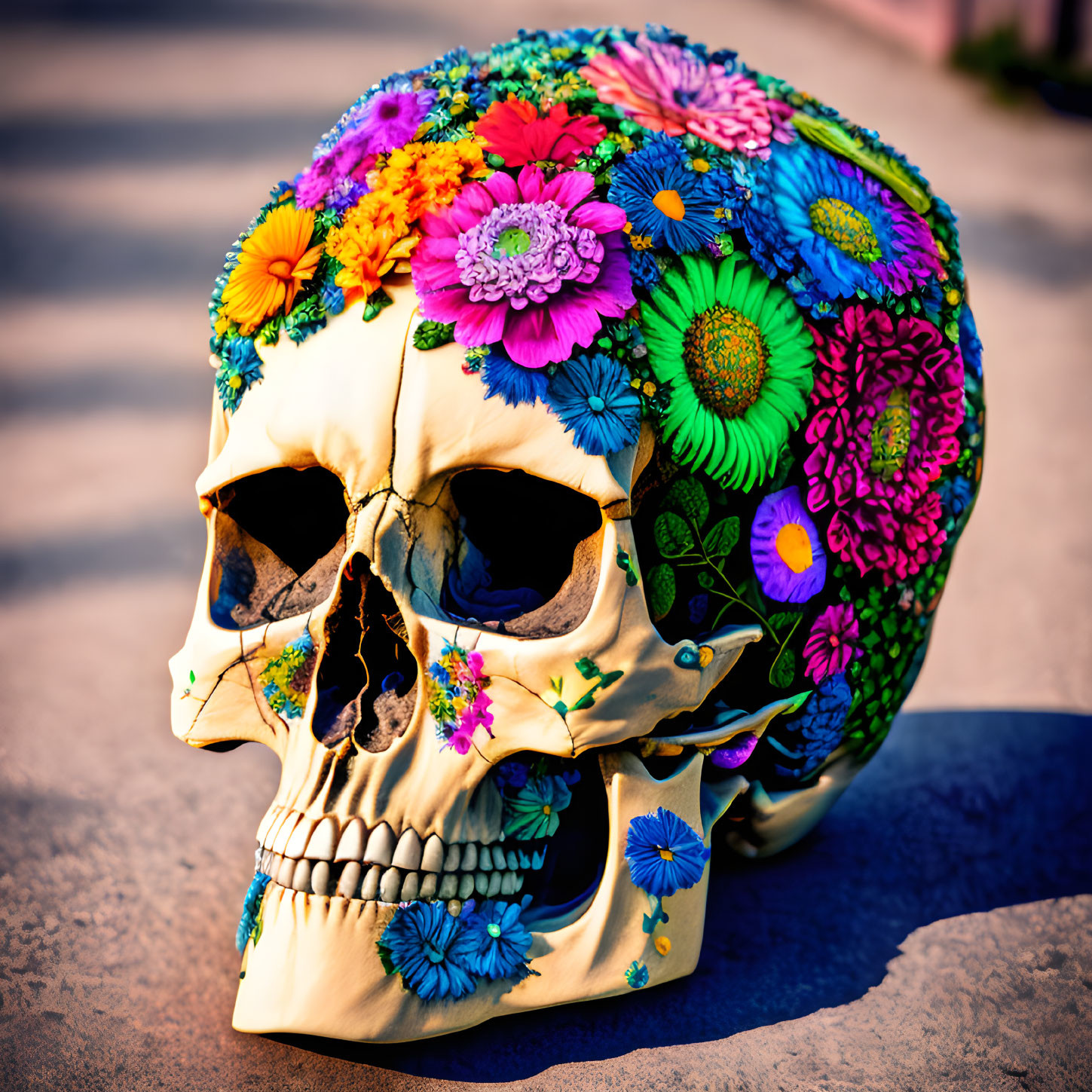 Colorful Flower Mosaic on Vibrant Skull: Dia de los Muertos Symbol