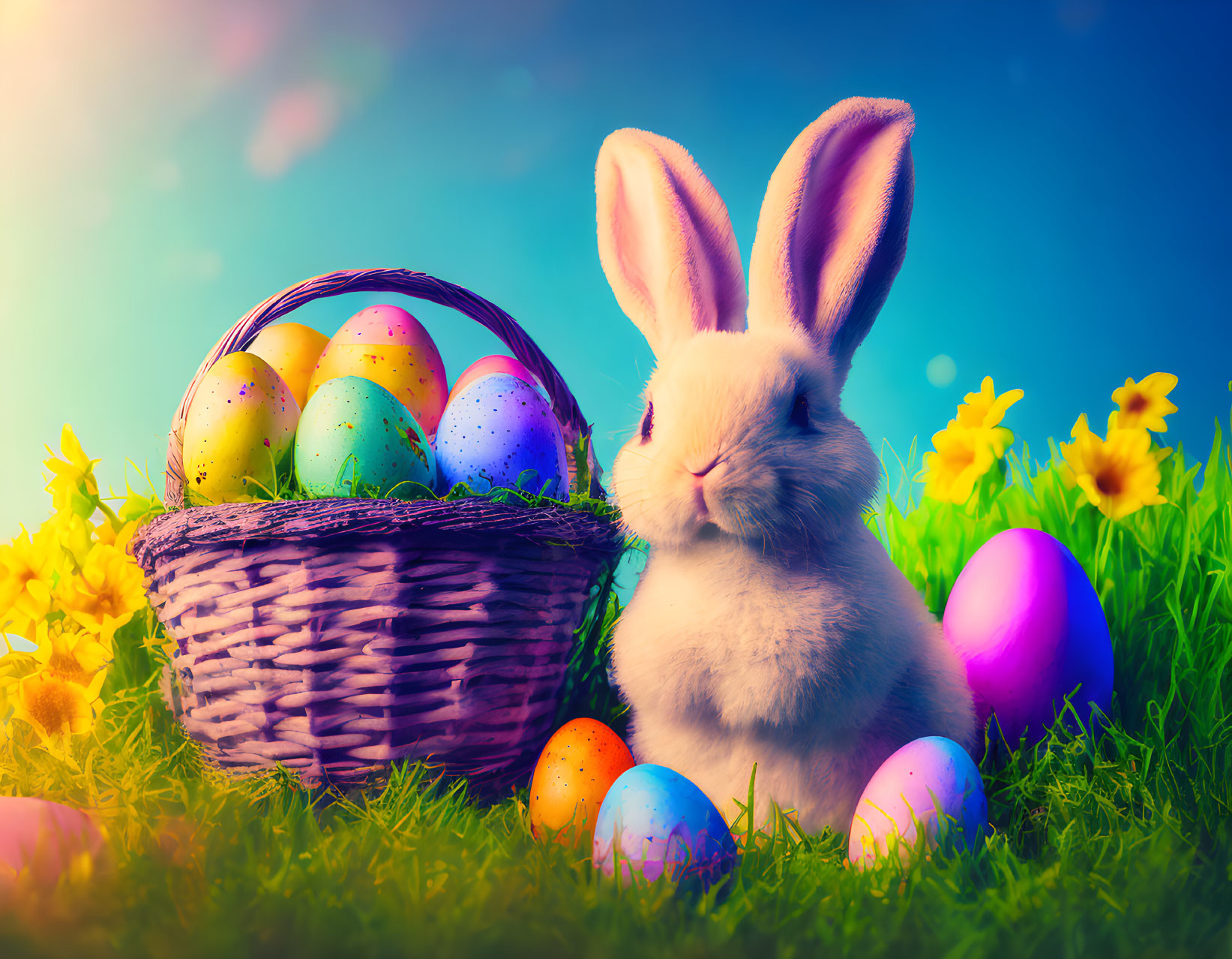Fluffy rabbit with Easter eggs on grassy field