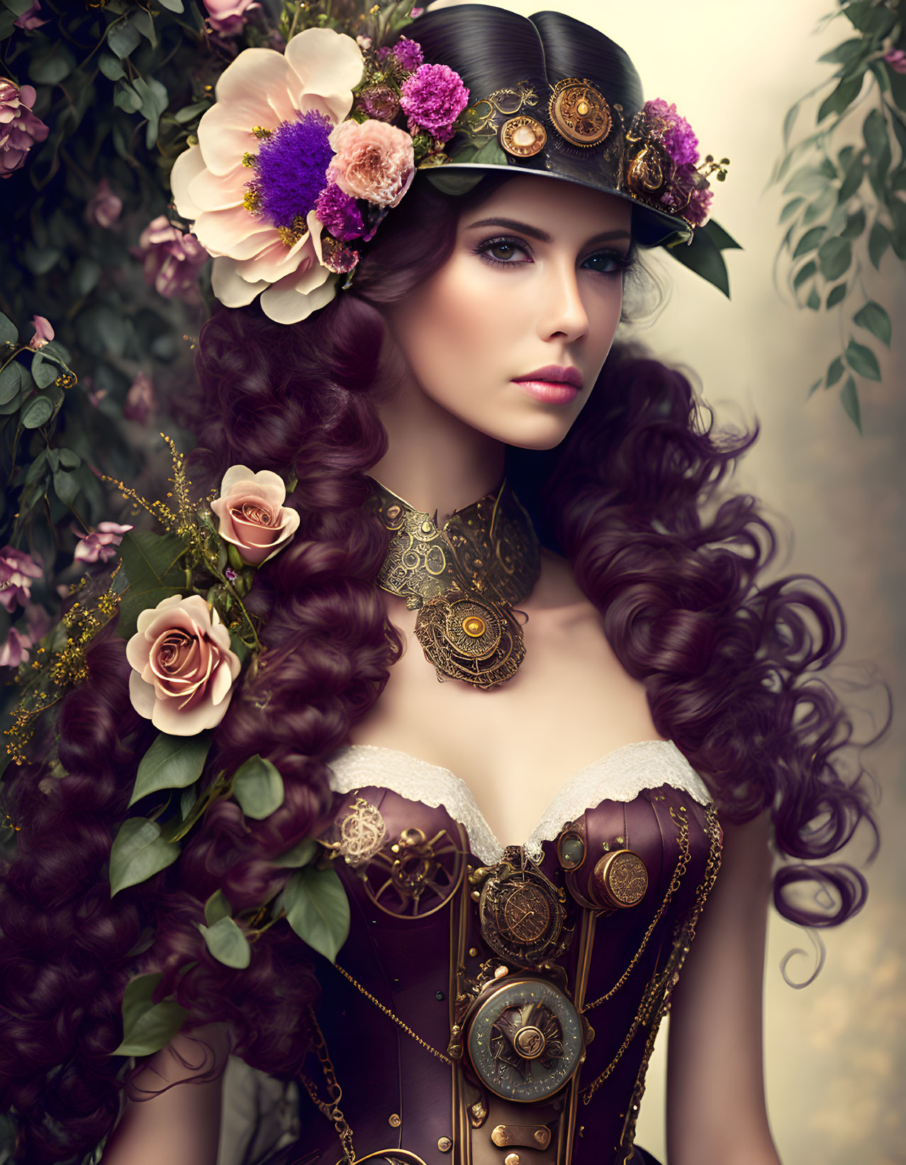 Pretty Steampunk Lady and Roses
