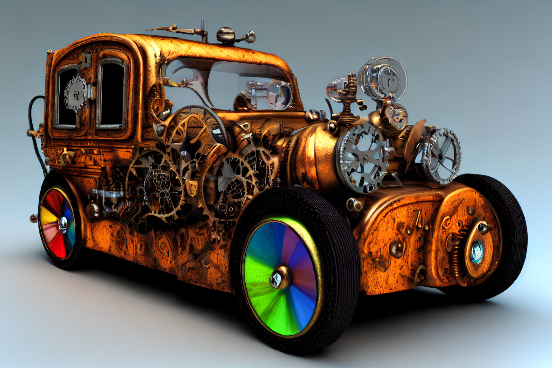 Digitally-rendered steampunk vehicle with colorful rainbow wheels