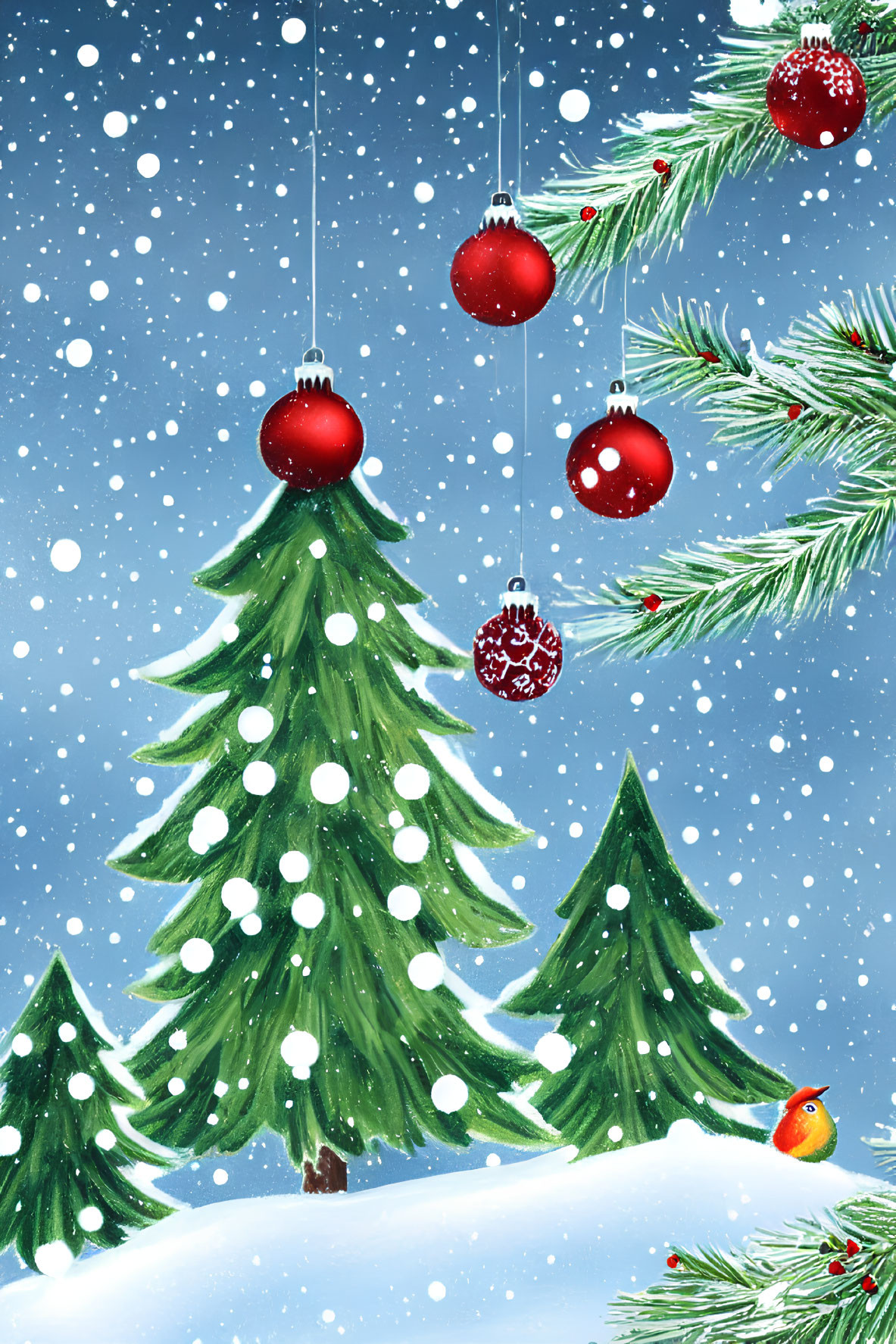 Winter scene with evergreen trees, red baubles, bird, and snowflakes