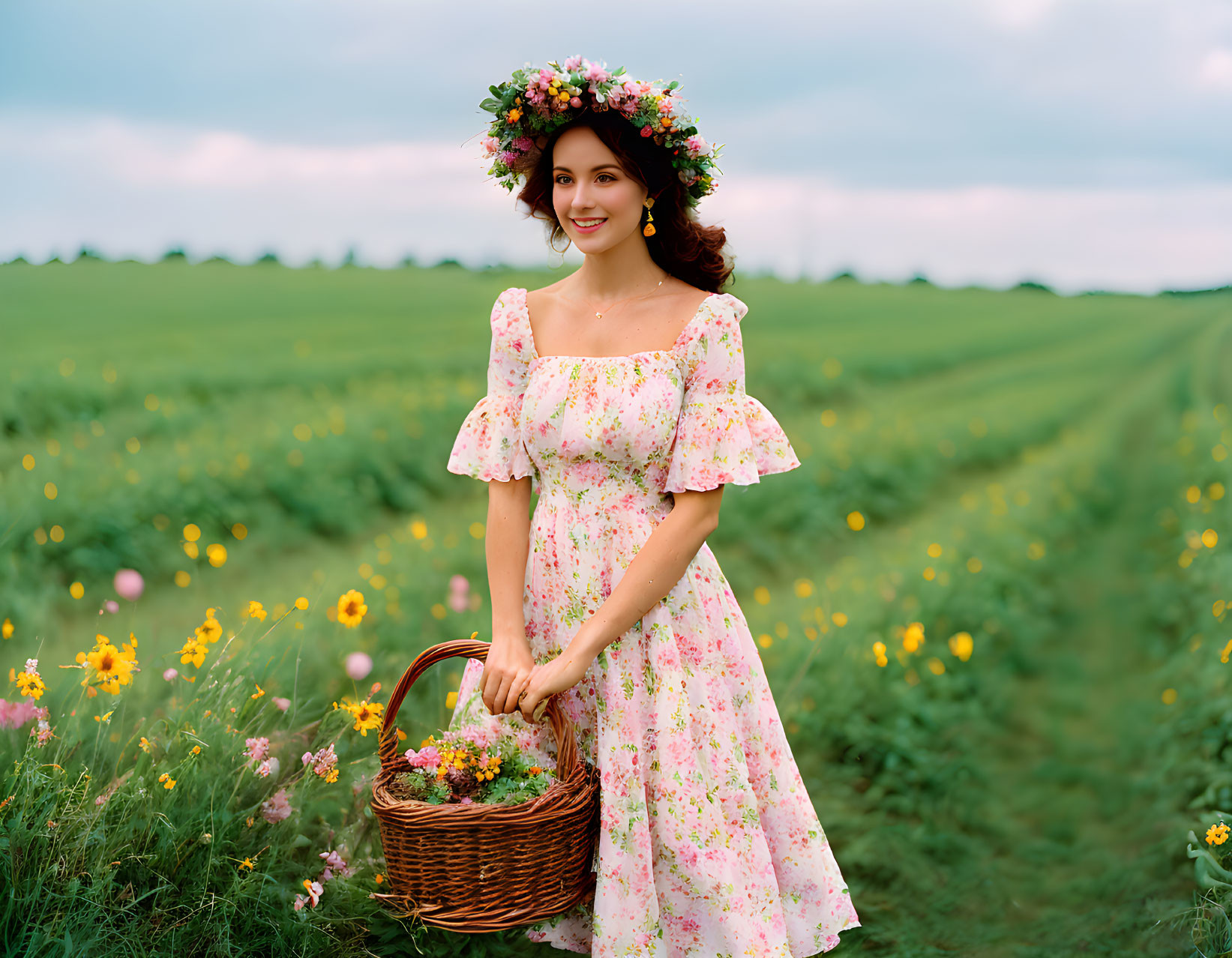 Girl in pretty dress with basket of flowers