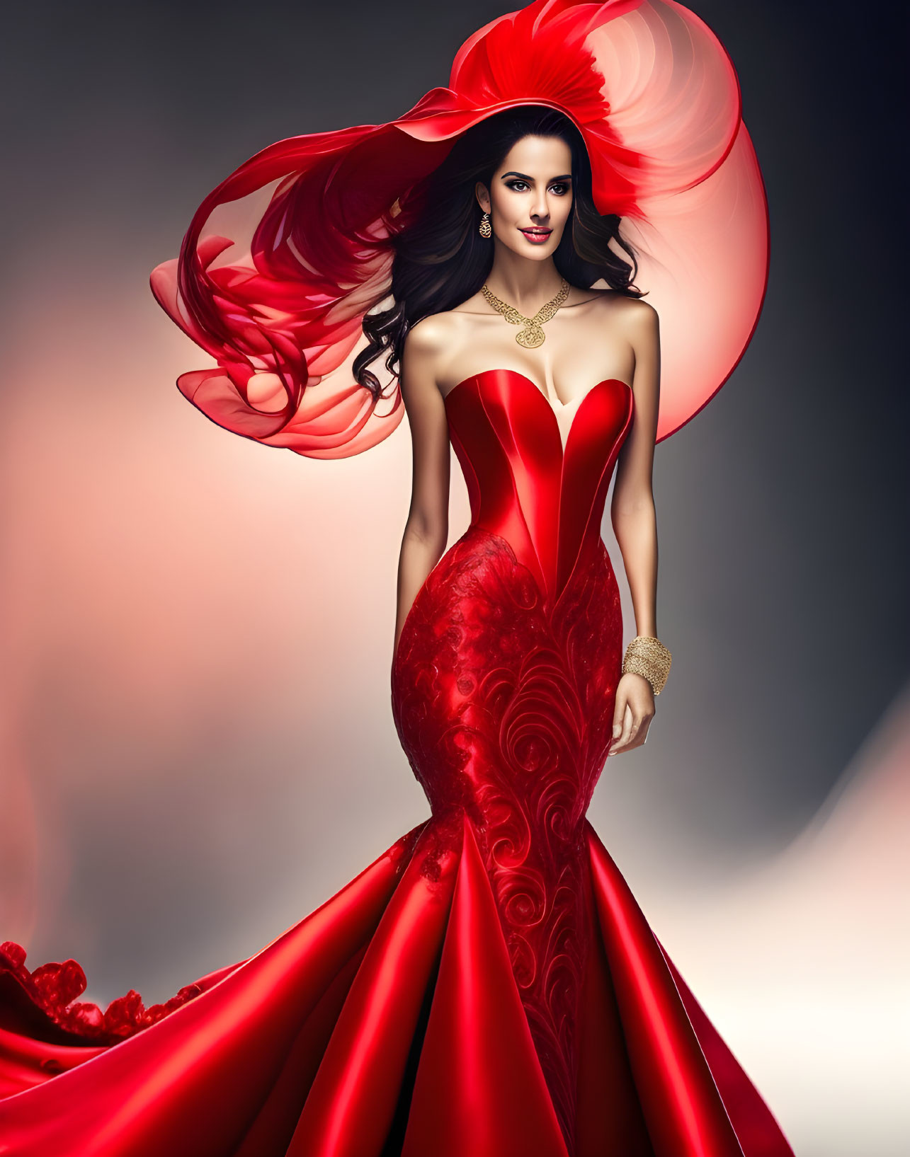 Elegant woman in red gown with flowing train and dramatic hat against gradient background wearing jewelry