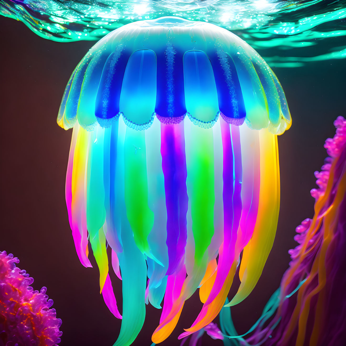 Colorful Neon Jellyfish Glowing Underwater